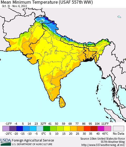 Southern Asia Mean Minimum Temperature (USAF 557th WW) Thematic Map For 10/31/2022 - 11/6/2022
