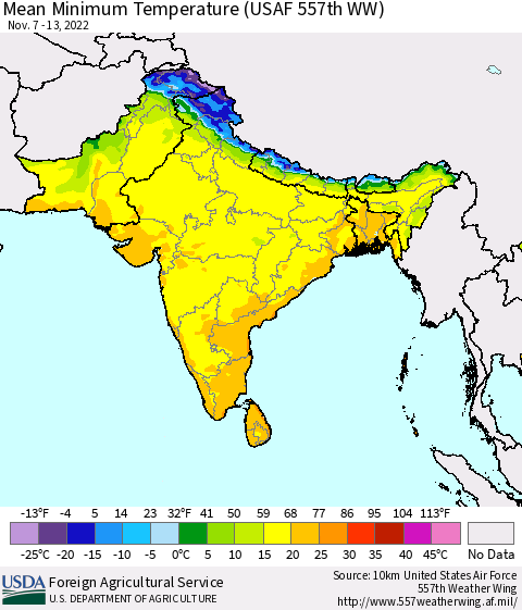 Southern Asia Mean Minimum Temperature (USAF 557th WW) Thematic Map For 11/7/2022 - 11/13/2022