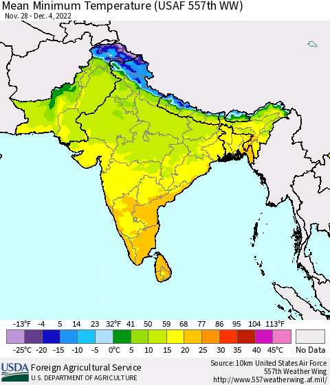 Southern Asia Mean Minimum Temperature (USAF 557th WW) Thematic Map For 11/28/2022 - 12/4/2022
