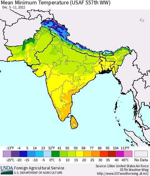 Southern Asia Mean Minimum Temperature (USAF 557th WW) Thematic Map For 12/5/2022 - 12/11/2022