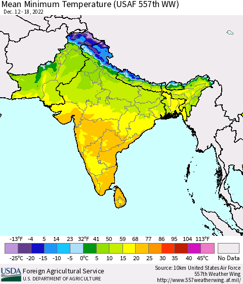 Southern Asia Mean Minimum Temperature (USAF 557th WW) Thematic Map For 12/12/2022 - 12/18/2022