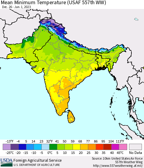 Southern Asia Mean Minimum Temperature (USAF 557th WW) Thematic Map For 12/26/2022 - 1/1/2023
