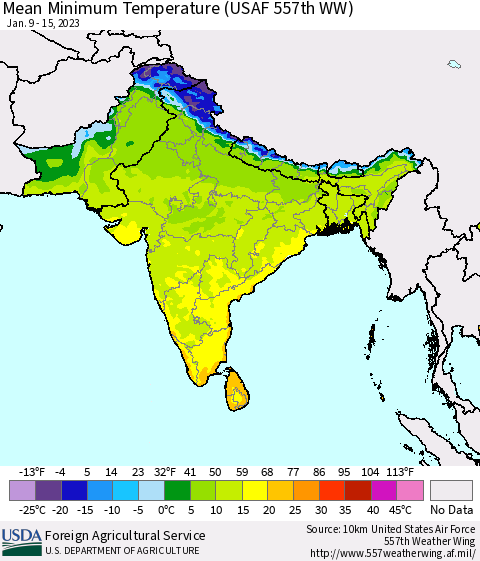 Southern Asia Mean Minimum Temperature (USAF 557th WW) Thematic Map For 1/9/2023 - 1/15/2023