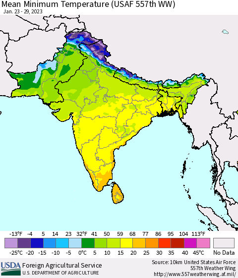 Southern Asia Mean Minimum Temperature (USAF 557th WW) Thematic Map For 1/23/2023 - 1/29/2023