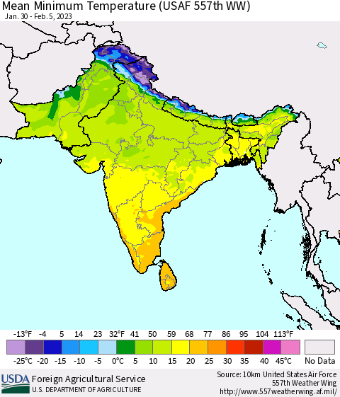Southern Asia Mean Minimum Temperature (USAF 557th WW) Thematic Map For 1/30/2023 - 2/5/2023