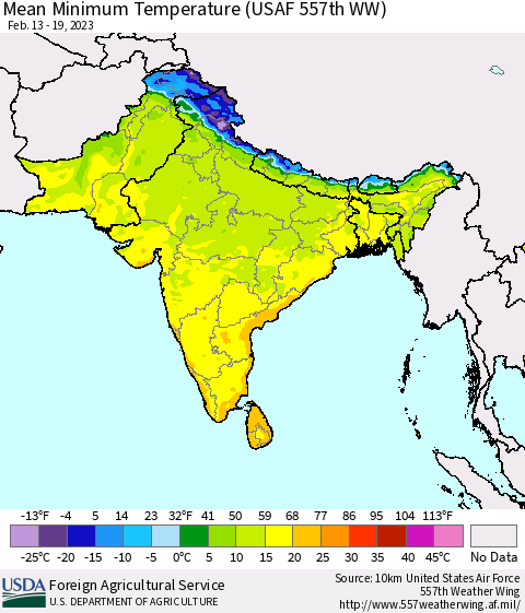 Southern Asia Mean Minimum Temperature (USAF 557th WW) Thematic Map For 2/13/2023 - 2/19/2023