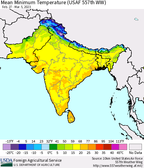 Southern Asia Mean Minimum Temperature (USAF 557th WW) Thematic Map For 2/27/2023 - 3/5/2023