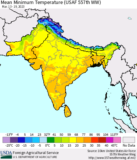 Southern Asia Mean Minimum Temperature (USAF 557th WW) Thematic Map For 3/13/2023 - 3/19/2023
