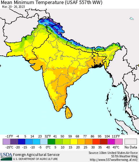 Southern Asia Mean Minimum Temperature (USAF 557th WW) Thematic Map For 3/20/2023 - 3/26/2023