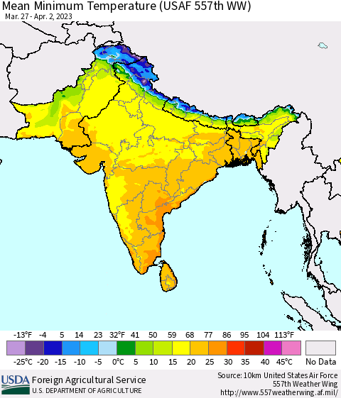 Southern Asia Mean Minimum Temperature (USAF 557th WW) Thematic Map For 3/27/2023 - 4/2/2023