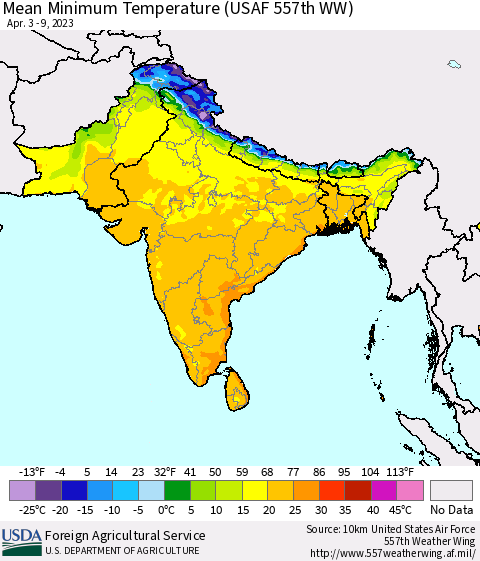 Southern Asia Mean Minimum Temperature (USAF 557th WW) Thematic Map For 4/3/2023 - 4/9/2023