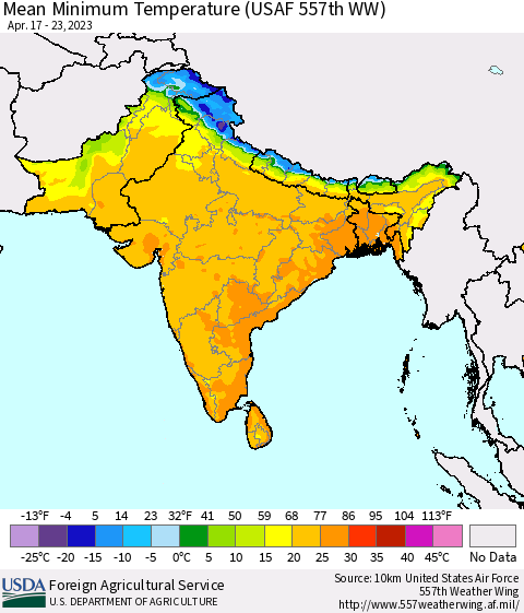 Southern Asia Mean Minimum Temperature (USAF 557th WW) Thematic Map For 4/17/2023 - 4/23/2023