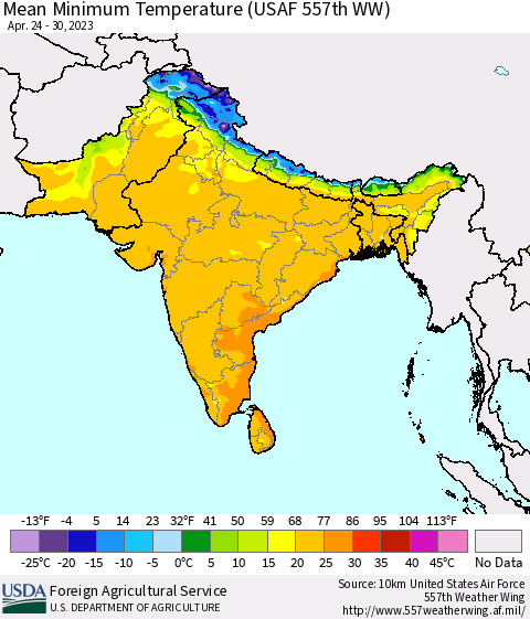Southern Asia Mean Minimum Temperature (USAF 557th WW) Thematic Map For 4/24/2023 - 4/30/2023
