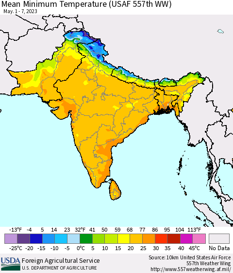 Southern Asia Mean Minimum Temperature (USAF 557th WW) Thematic Map For 5/1/2023 - 5/7/2023