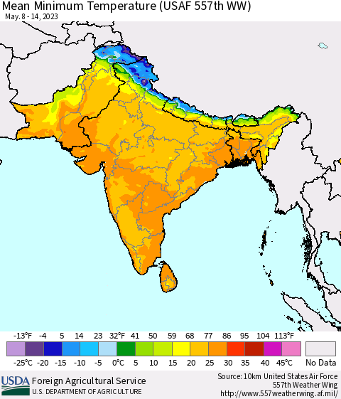 Southern Asia Mean Minimum Temperature (USAF 557th WW) Thematic Map For 5/8/2023 - 5/14/2023