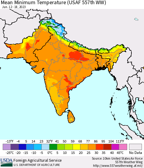 Southern Asia Mean Minimum Temperature (USAF 557th WW) Thematic Map For 6/12/2023 - 6/18/2023