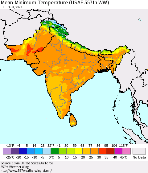 Southern Asia Mean Minimum Temperature (USAF 557th WW) Thematic Map For 7/3/2023 - 7/9/2023