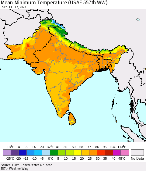Southern Asia Mean Minimum Temperature (USAF 557th WW) Thematic Map For 9/11/2023 - 9/17/2023