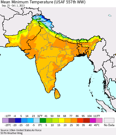 Southern Asia Mean Minimum Temperature (USAF 557th WW) Thematic Map For 9/25/2023 - 10/1/2023