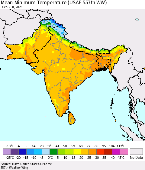 Southern Asia Mean Minimum Temperature (USAF 557th WW) Thematic Map For 10/2/2023 - 10/8/2023