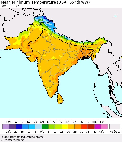 Southern Asia Mean Minimum Temperature (USAF 557th WW) Thematic Map For 10/9/2023 - 10/15/2023