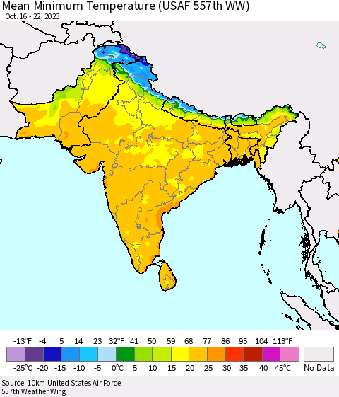 Southern Asia Mean Minimum Temperature (USAF 557th WW) Thematic Map For 10/16/2023 - 10/22/2023