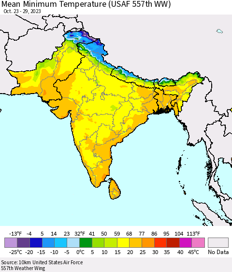 Southern Asia Mean Minimum Temperature (USAF 557th WW) Thematic Map For 10/23/2023 - 10/29/2023