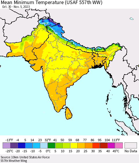 Southern Asia Mean Minimum Temperature (USAF 557th WW) Thematic Map For 10/30/2023 - 11/5/2023