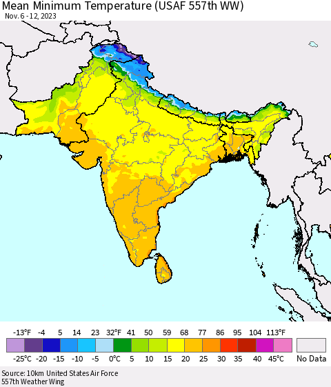 Southern Asia Mean Minimum Temperature (USAF 557th WW) Thematic Map For 11/6/2023 - 11/12/2023