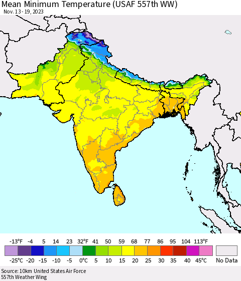 Southern Asia Mean Minimum Temperature (USAF 557th WW) Thematic Map For 11/13/2023 - 11/19/2023