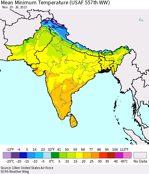 Southern Asia Mean Minimum Temperature (USAF 557th WW) Thematic Map For 11/20/2023 - 11/26/2023