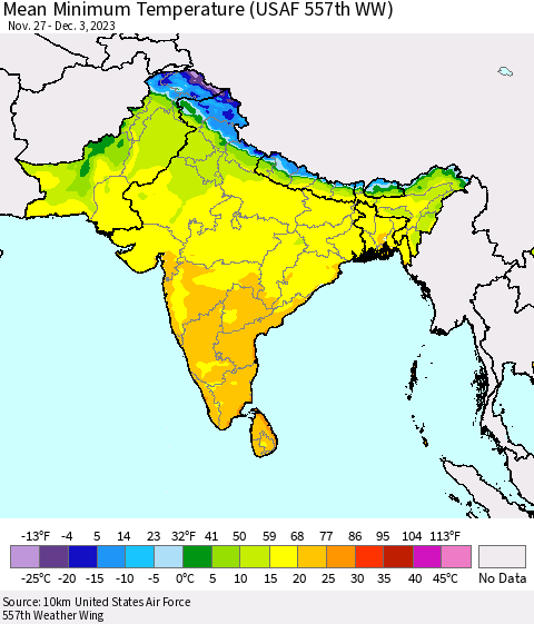 Southern Asia Mean Minimum Temperature (USAF 557th WW) Thematic Map For 11/27/2023 - 12/3/2023
