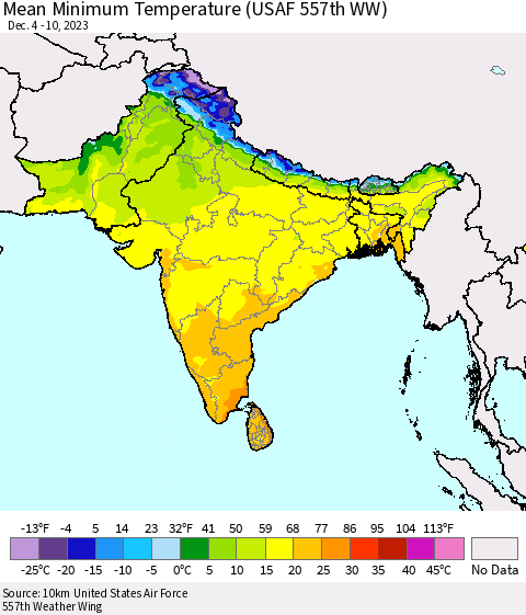 Southern Asia Mean Minimum Temperature (USAF 557th WW) Thematic Map For 12/4/2023 - 12/10/2023