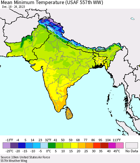 Southern Asia Mean Minimum Temperature (USAF 557th WW) Thematic Map For 12/18/2023 - 12/24/2023