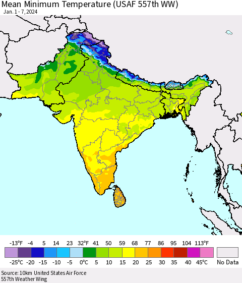 Southern Asia Mean Minimum Temperature (USAF 557th WW) Thematic Map For 1/1/2024 - 1/7/2024