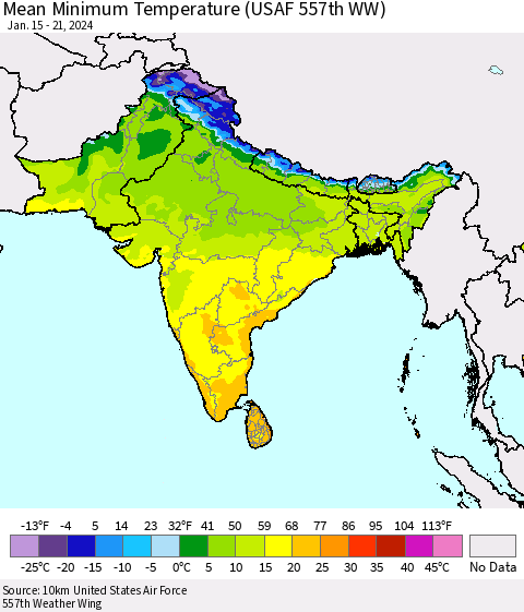 Southern Asia Mean Minimum Temperature (USAF 557th WW) Thematic Map For 1/15/2024 - 1/21/2024