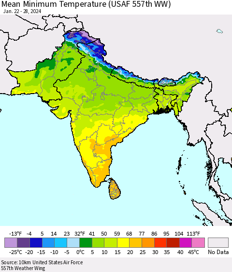 Southern Asia Mean Minimum Temperature (USAF 557th WW) Thematic Map For 1/22/2024 - 1/28/2024