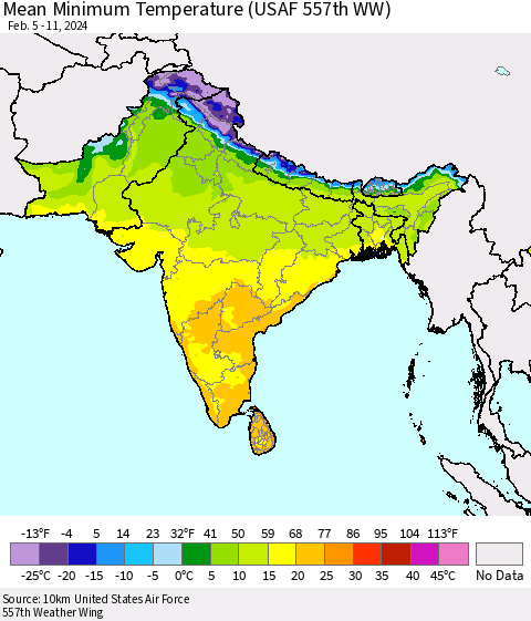 Southern Asia Mean Minimum Temperature (USAF 557th WW) Thematic Map For 2/5/2024 - 2/11/2024