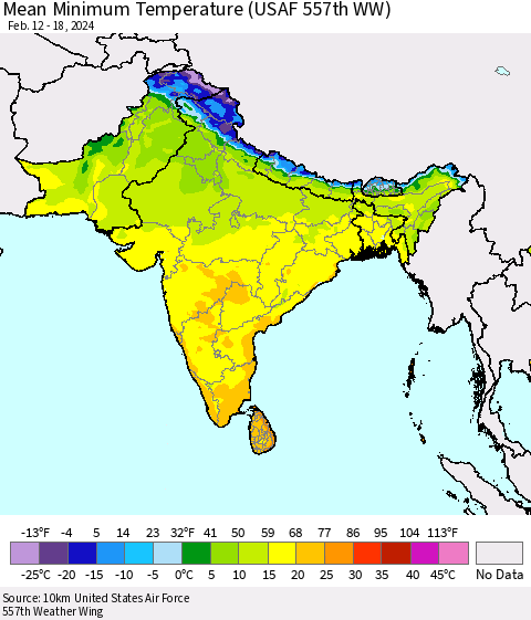 Southern Asia Mean Minimum Temperature (USAF 557th WW) Thematic Map For 2/12/2024 - 2/18/2024