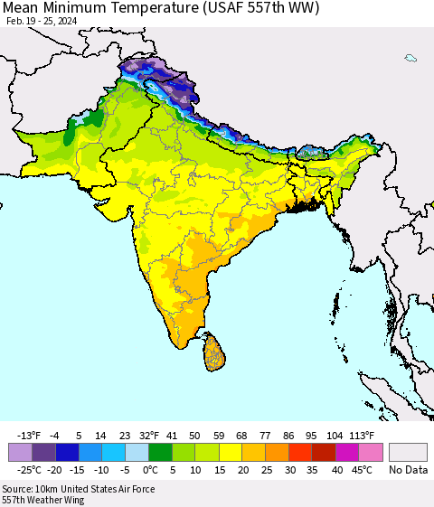 Southern Asia Mean Minimum Temperature (USAF 557th WW) Thematic Map For 2/19/2024 - 2/25/2024