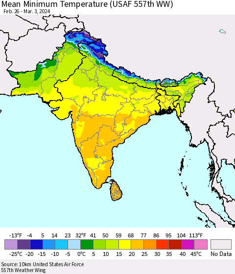 Southern Asia Mean Minimum Temperature (USAF 557th WW) Thematic Map For 2/26/2024 - 3/3/2024