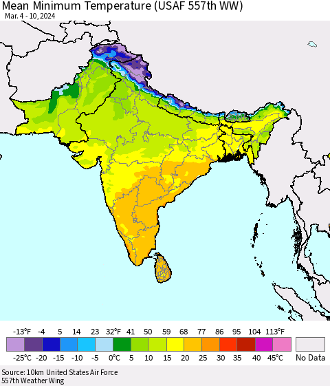 Southern Asia Mean Minimum Temperature (USAF 557th WW) Thematic Map For 3/4/2024 - 3/10/2024