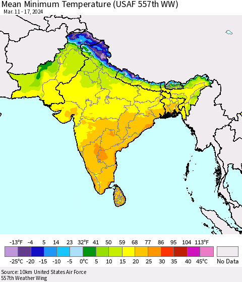 Southern Asia Mean Minimum Temperature (USAF 557th WW) Thematic Map For 3/11/2024 - 3/17/2024