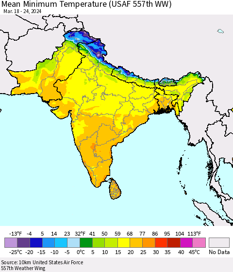 Southern Asia Mean Minimum Temperature (USAF 557th WW) Thematic Map For 3/18/2024 - 3/24/2024