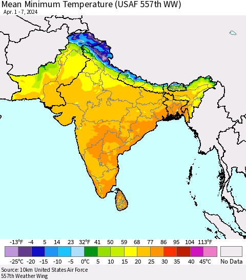 Southern Asia Mean Minimum Temperature (USAF 557th WW) Thematic Map For 4/1/2024 - 4/7/2024