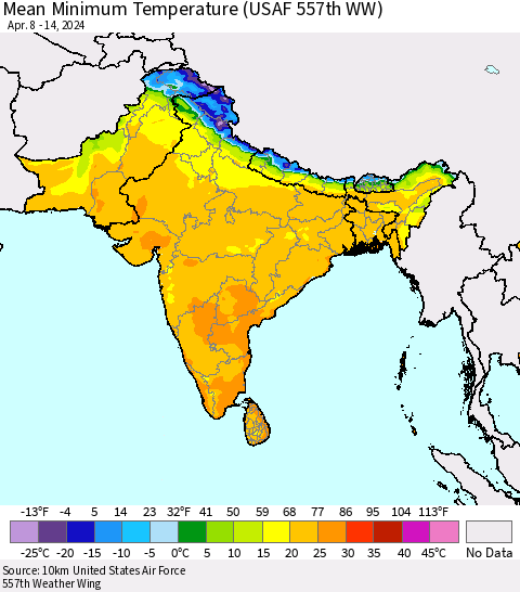 Southern Asia Mean Minimum Temperature (USAF 557th WW) Thematic Map For 4/8/2024 - 4/14/2024