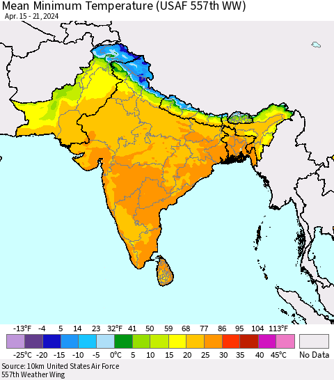 Southern Asia Mean Minimum Temperature (USAF 557th WW) Thematic Map For 4/15/2024 - 4/21/2024