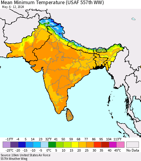 Southern Asia Mean Minimum Temperature (USAF 557th WW) Thematic Map For 5/6/2024 - 5/12/2024