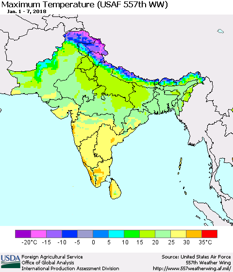 Southern Asia Mean Maximum Temperature (USAF 557th WW) Thematic Map For 1/1/2018 - 1/7/2018