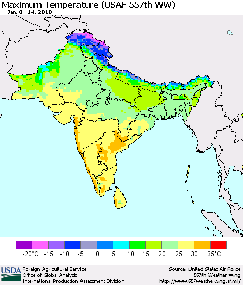 Southern Asia Mean Maximum Temperature (USAF 557th WW) Thematic Map For 1/8/2018 - 1/14/2018